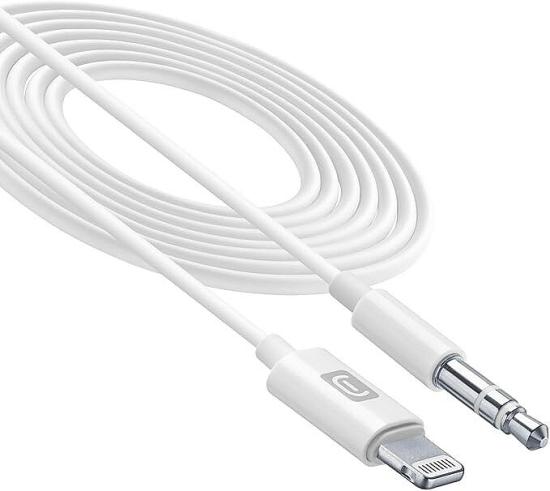 Weißes Lightning-Kabel mit 3,5mm-Klinkenanschluss für Audioverbindungen