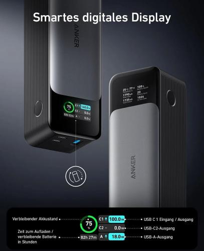 Anker Powerbank mit digitalem Display, zeigt verbleibende Akkulaufzeit und Aufladeinformationen an