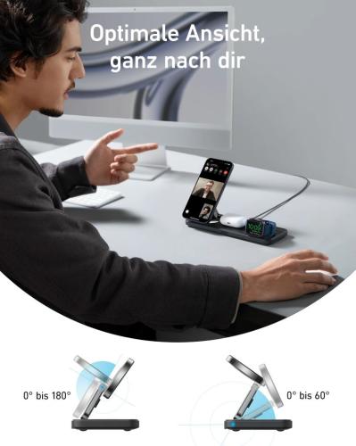 Mann nutzt einstellbare Smartphone-Halterung für Videokonferenz auf Schreibtisch