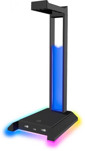 Ein moderner Kopfhörerständer mit RGB-Beleuchtung und USB-Anschlüssen, ideal zur Organisation und Dekoration des Schreibtisches.