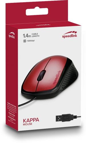 Verpackung der roten Speedlink Kappa Maus mit USB-Anschluss, 1,4 m Kabel und 1000 dpi