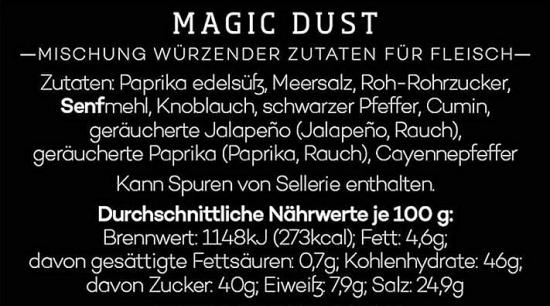 Etikett der Magic Dust Gewürzmischung für Fleisch mit Zutatenliste und Nährwertangaben