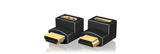 Zwei schwarze HDMI-Winkeladapter mit vergoldeten Anschlüssen, um 90 Grad gebogen für effiziente Kabelverlegung
