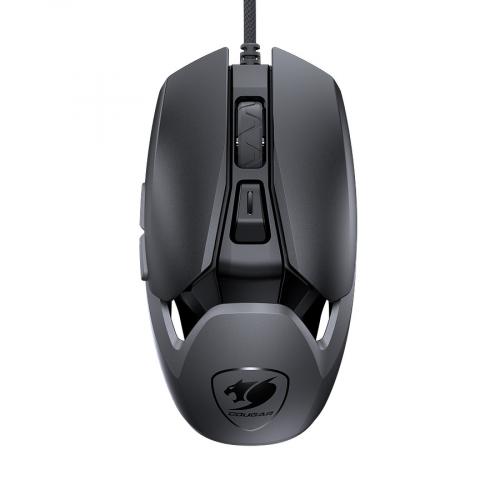 Obenansicht einer schwarzen Gaming-Maus mit ergonomischem Design und mehreren Tasten