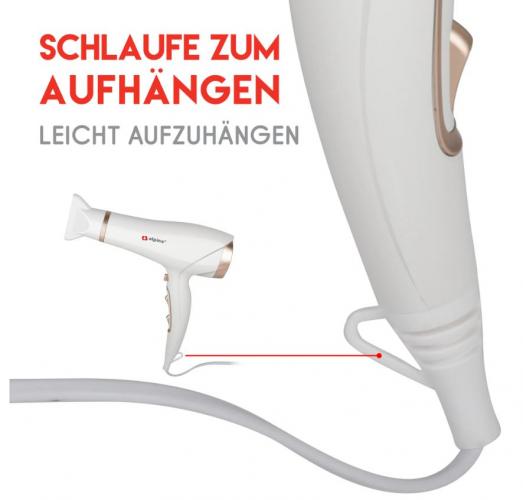 Weiße Haartrockner mit Schlaufe zum Aufhängen und leichter Handhabung