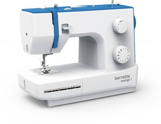 Bild der Bernette Nähmaschine Sew&Go 1 mit blau-weißem Design und Bedienknöpfen