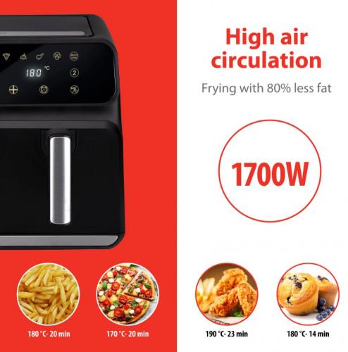 Luftfritteuse mit digitalem Display und 1700W Leistung, gesunde Zubereitung mit 80% weniger Fett, Garzeiten für Pommes, Hühnchen und Muffins sichtbar