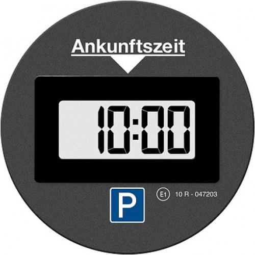 Runde digitale Parkscheibe mit Anzeige der Ankunftszeit auf 10:00 Uhr, darunter ein blaues Parksymbol
