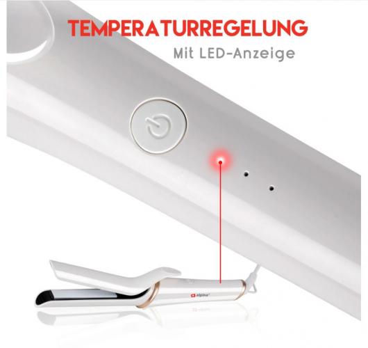 Nahaufnahme eines Haarglätters mit Temperaturregelung und roter LED-Anzeige