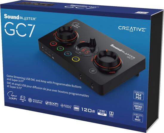 Verpackung des Sound Blaster GC7, eines Game Streaming USB DAC und Verstärkers mit programmierbaren Tasten, kompatibel mit PS4, PS5, Nintendo Switch, PC und Mac.
