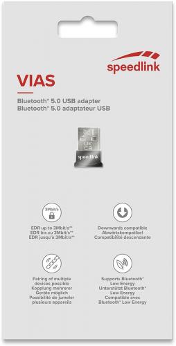 Verpackung des Speedlink VIAS Bluetooth 5.0 USB Adapters, zeigt das Produkt und technische Details.