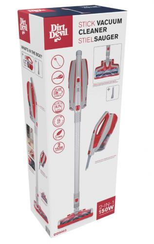 Verpackung eines Dirt Devil Stielsaugers mit Abbildungen und Spezifikationen