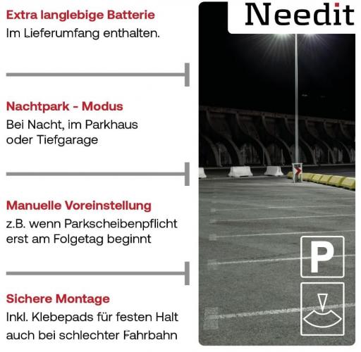 Produktmerkmale der Parkscheibe: Extra langlebige Batterie, Nachtpark-Modus, manuelle Voreinstellung, sichere Montage mit Klebepads.