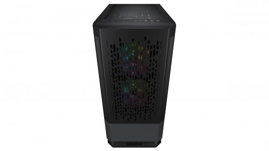 Schwarzes Gaming-PC-Gehäuse mit RGB-Frontlüftern und modernem Design