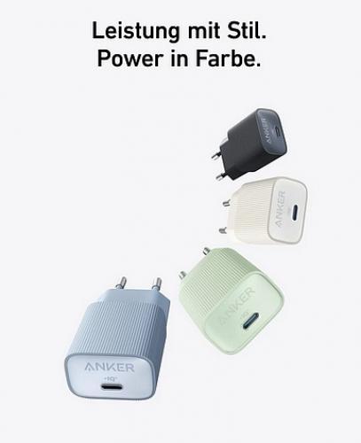 Anker Ladegerät in verschiedenen Farben mit dem Slogan 'Leistung mit Stil. Power in Farbe.'