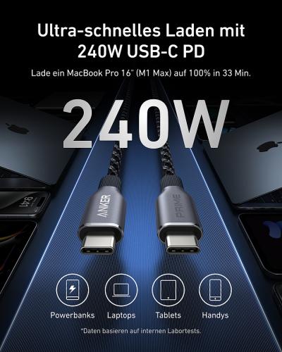 Ein 240W USB-C PD Kabel für schnelles Laden von Geräten wie MacBook, Powerbanks, Laptops, Tablets und Handys