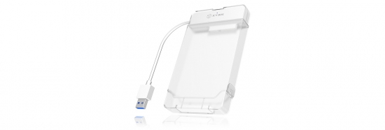 Leeres transparentes USB-Festplattengehäuse mit einem angeschlossenen USB-Kabel