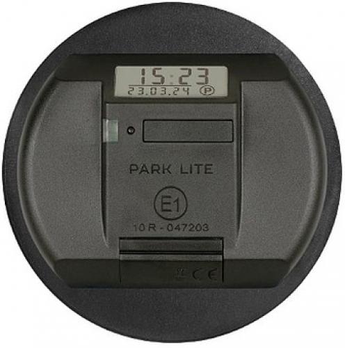 Runde elektronische Parkscheibe Park Lite mit digitaler Anzeige der Uhrzeit und des Datums auf der Vorderseite