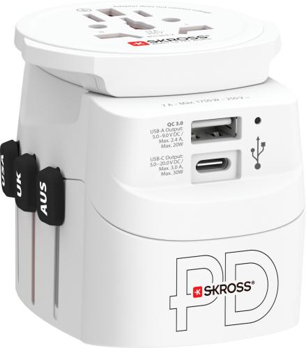 Weißer Weltreise-Adapter mit mehreren Anschlüssen, USB-C und USB-A, geeignet für internationale Reisen