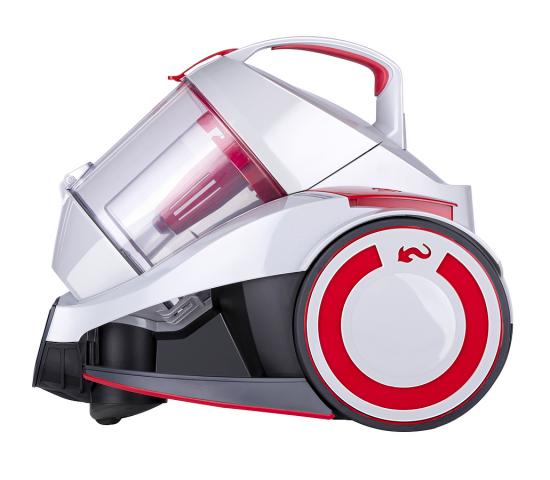 Beutelloser Staubsauger in Weiß und Rot mit ergonomischem Design