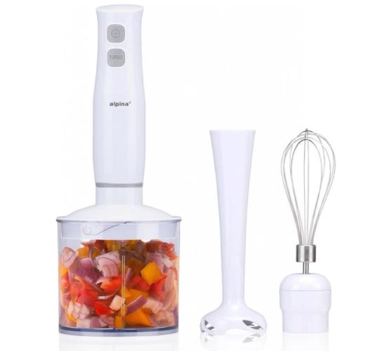 Weißer Stabmixer, Gemüsebehälter und Schneebesen-Aufsatz für vielseitiges Kochen