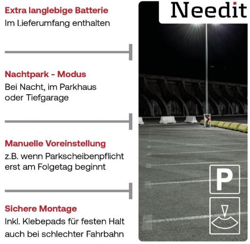 Abbildung der Needit Parkscheibe mit Funktionen wie extra langlebiger Batterie, Nachtpark-Modus, manueller Voreinstellung und sicherer Montage mit Klebepads.