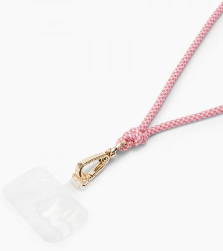 Rosa Handy-Trageband mit goldfarbenem Karabinerhaken und transparenter Handyhülle