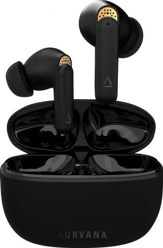Schwarze kabellose Bluetooth-Ohrhörer mit passender Ladestation, modern und stilvoll
