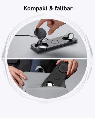 Person verstaut eine kompakte und faltbare Ladestation in einer Tasche. Ideal für unterwegs.