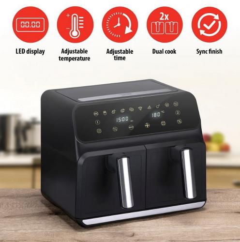 Schwarze Heißluftfritteuse mit zwei Fächern, LED-Display und einstellbarer Temperatur auf einer Küchenarbeitsplatte