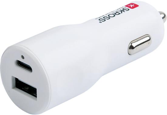 Weißes USB-Auto-Ladegerät mit USB- und USB-C-Anschluss und Markenlogo
