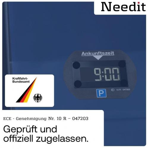 Digitale Parkscheibe mit 9:00 Uhr Anzeige, ECE Zulassung, Kraftfahrt-Bundesamt Bestätigung
