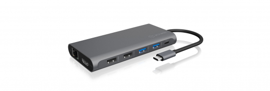 Graue USB-C-Dockingstation mit Ethernet-, HDMI- und USB-Ports