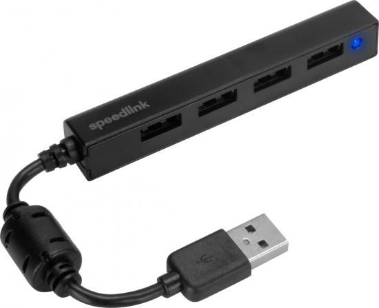 Schwarzer USB-Hub mit vier Anschlüssen und blauem LED-Licht