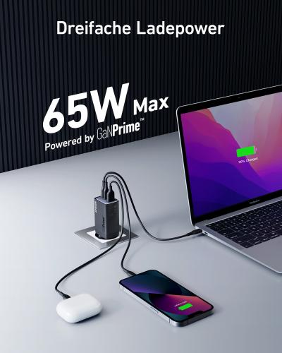 ANKER 735 GaNPrime Wall Charger, 3 Ports, 65W, black