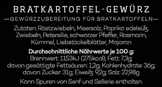 Etikett eines Bratkartoffel-Gewürzes mit Zutaten wie Röstzwiebeln, Paprika und Nährwertangaben pro 100g.