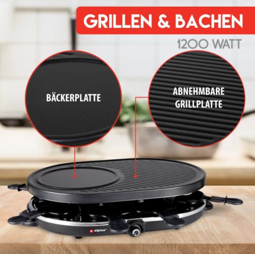 Elektrisches Alpina Grillgerät mit abnehmbarer Grill- und Bäckerplatte, 1200 Watt, auf einem Tisch platziert