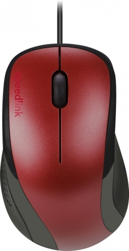 Rote kabelgebundene Computermaus mit ergonomischem Design für komfortables Arbeiten am PC