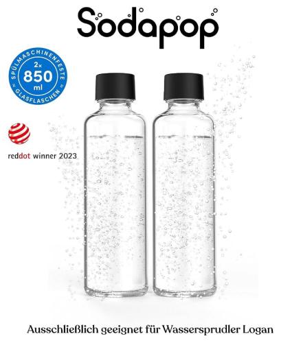 Zwei 850 ml Sodapop Glaskaraffen, spülmaschinenfest, exklusiv für Wassersprudler Logan, Red Dot Gewinner 2023