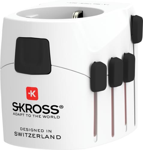 Weißer Skross Reiseadapter mit abnehmbaren Steckern, ideal für Reisen