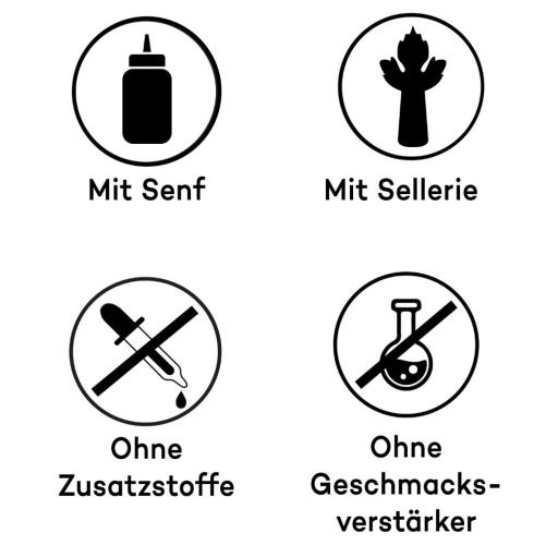 Symbole zeigen, dass das Produkt Senf und Sellerie enthält, jedoch keine Zusatzstoffe oder Geschmacksverstärker