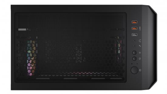 Schwarzes PC-Gehäuse mit Mesh-Abdeckung, Lüftern und USB-Anschlüssen