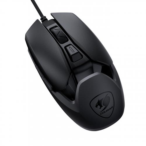 Schwarze Gaming-Maus mit Kabel, ergonomischem Design und logografierter Oberfläche