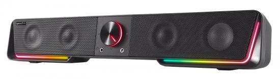 Moderne Soundbar mit integriertem LED-Licht und zentralem Drehknopf
