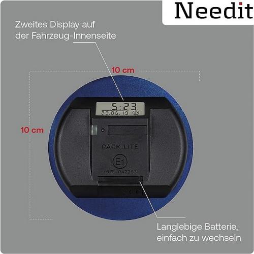 Runde digitale Parkscheibe mit robustem Design und zusätzlichem Display an der Fahrzeuginnenseite; inklusive einfach wechselbarer, langlebiger Batterie.