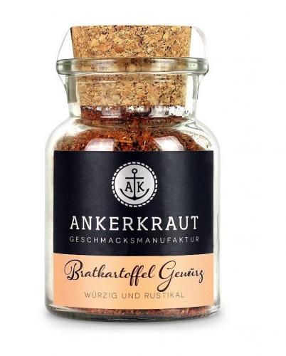 Glas mit Ankerkraut Bratkartoffel Gewürz und Korkverschluss, würzig und rustikal