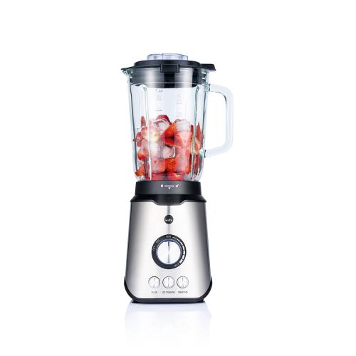 Standmixer mit Edelstahlgehäuse und Glasbehälter, gefüllt mit Erdbeeren und Eiswürfeln