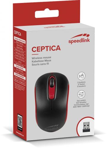 Verpackung der Speedlink Ceptica kabellosen Maus mit 3 Tasten, schwarz-rot Design, USB-Empfänger inklusive
