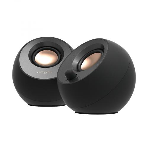 Zwei schwarze runde Lautsprecher mit kupferfarbenen Akzenten