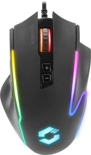 Schwarze Gaming-Maus mit RGB-Beleuchtung und mehreren Tasten